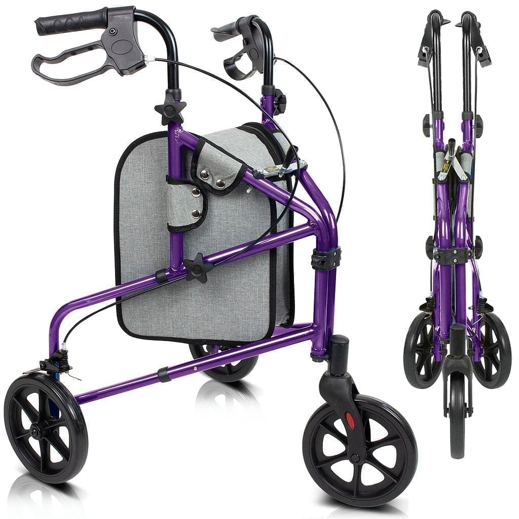 A purple walker with wheels and a bag on the back.
