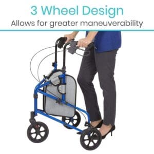 A person is using the walker with wheels.