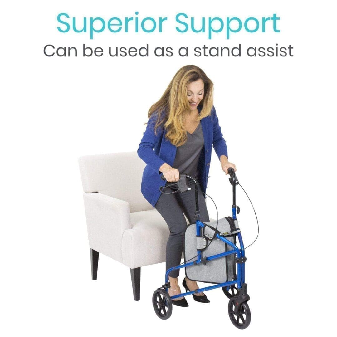 A woman sitting on the back of a blue walker.