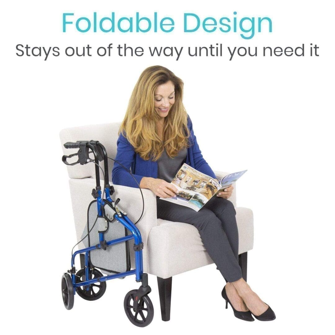 A woman sitting in a chair with a walker.