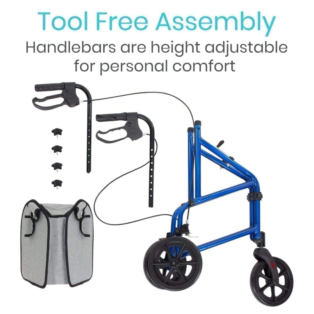 A blue walker with wheels and handles attached to it.