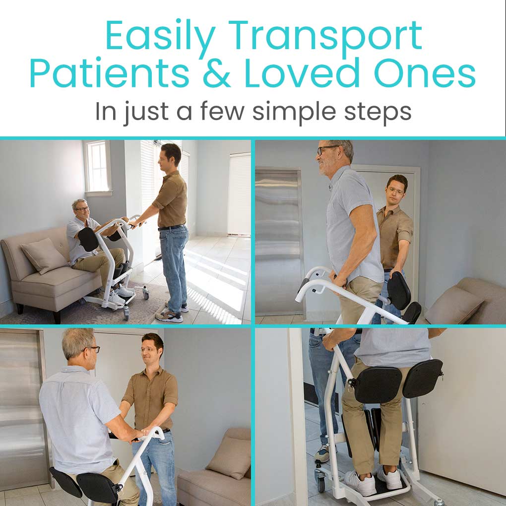 A collage of photos with text that reads " easily transport patients & loved ones in just a few simple steps ".