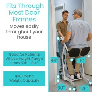 A man standing on a stair lift with measurements.
