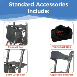 Standard accessories for a portable seat include a personal bag, transport bag, extra large seat, and adjustable backrest.