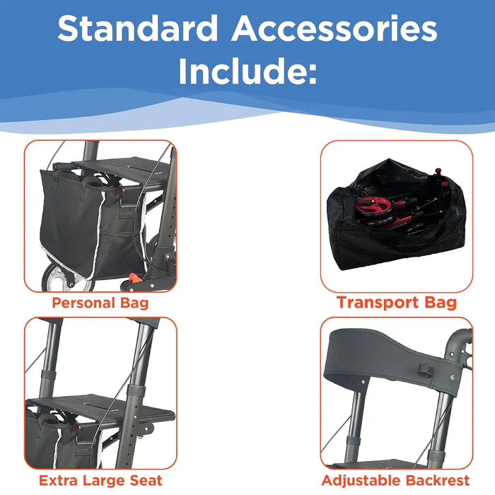 Standard accessories for a portable seat include a personal bag, transport bag, extra large seat, and adjustable backrest.