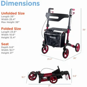 A foldable walker with seat and storage, shown unfolded and folded.