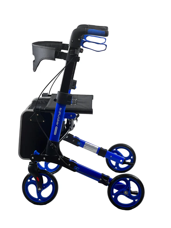 Blue four-wheeled walker with seat and storage pouch.
