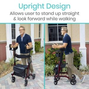 A man standing next to a walker with text that reads upright design.