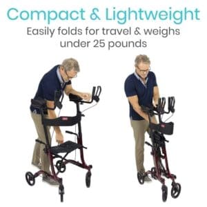 A man standing next to a walker with the caption 