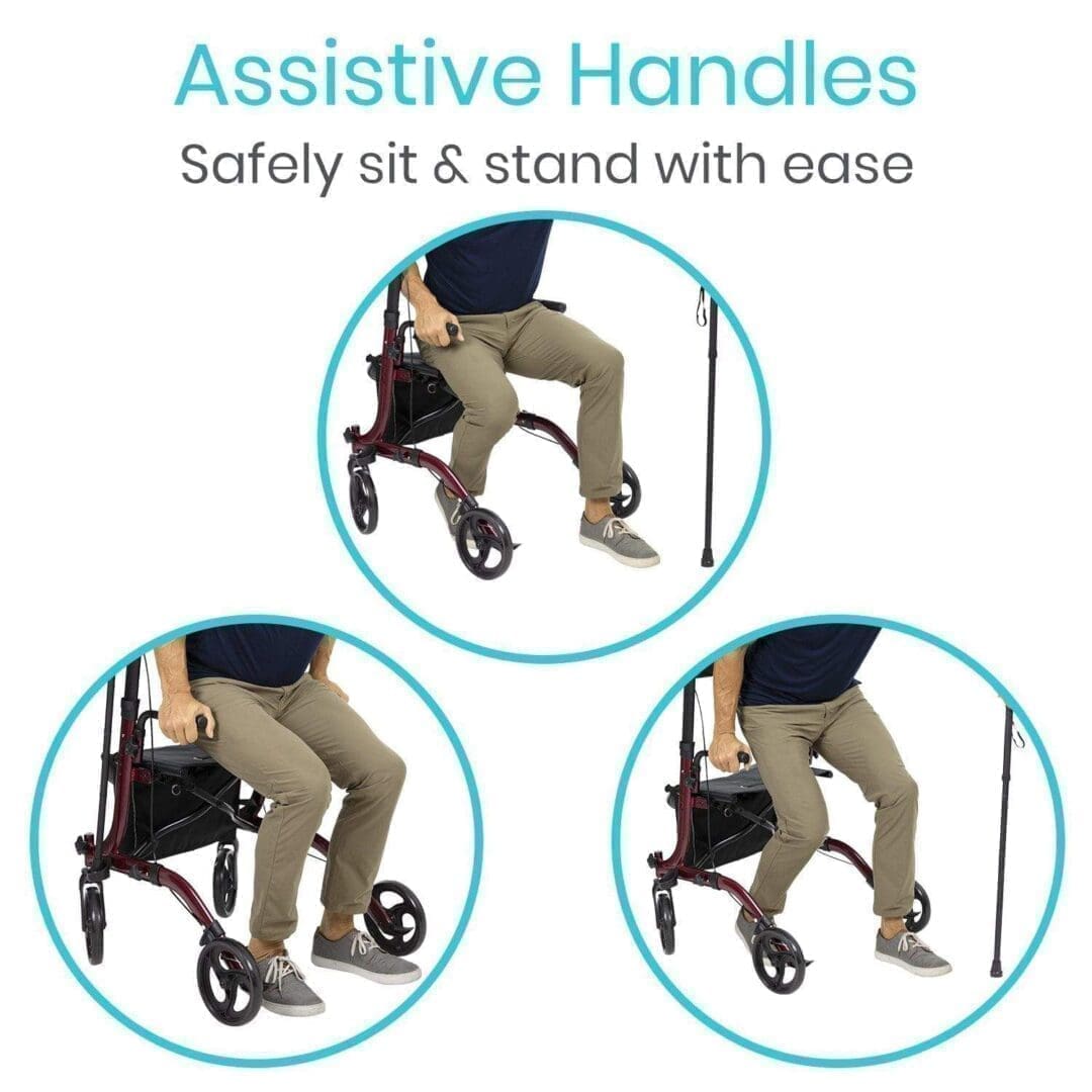 A person is sitting in a walker with three different handles.