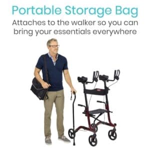 A man standing next to a walker with the caption 