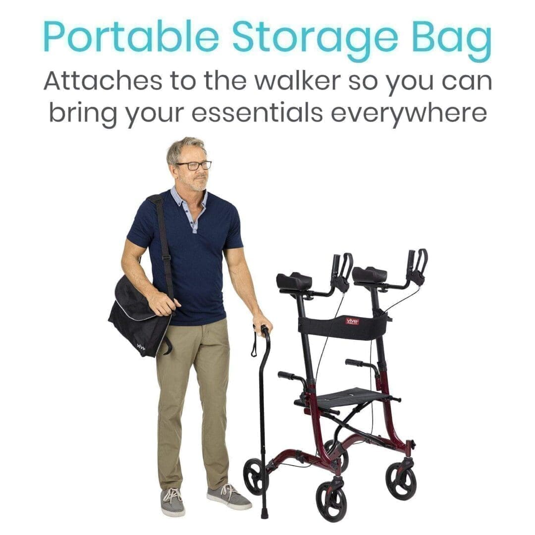A man standing next to a walker with the caption " portable storage bag attaches to the walker so you can bring your essentials everywhere ".