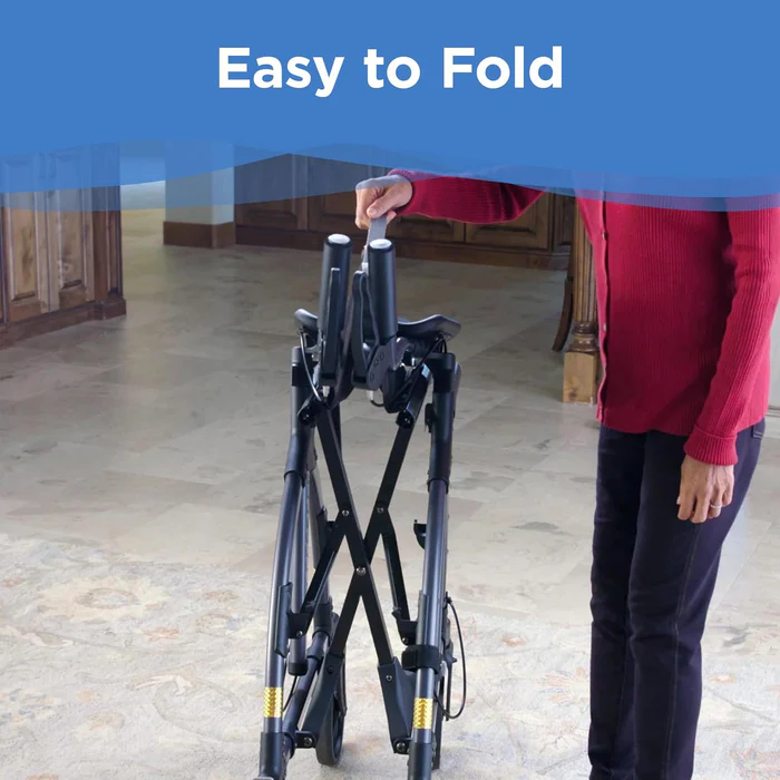A woman standing next to a folding walker.