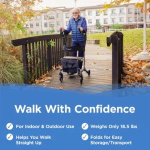 A man with a walker walking on the side of a bridge.