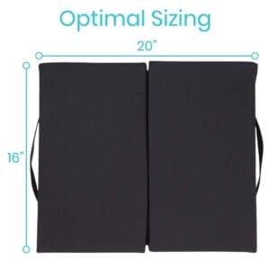 A black folding chair with handles and the text