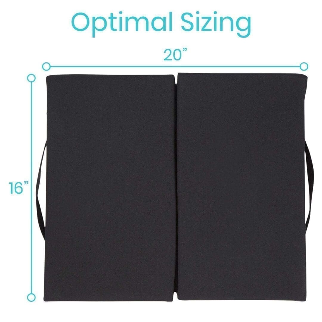 A black folding chair with handles and the text " optimal sizing ".