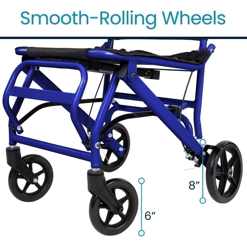 Blue walker with smooth-rolling wheels for mobility support.