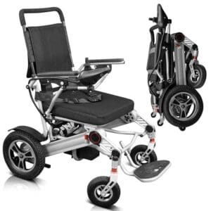 A wheelchair with wheels and seat folded down.