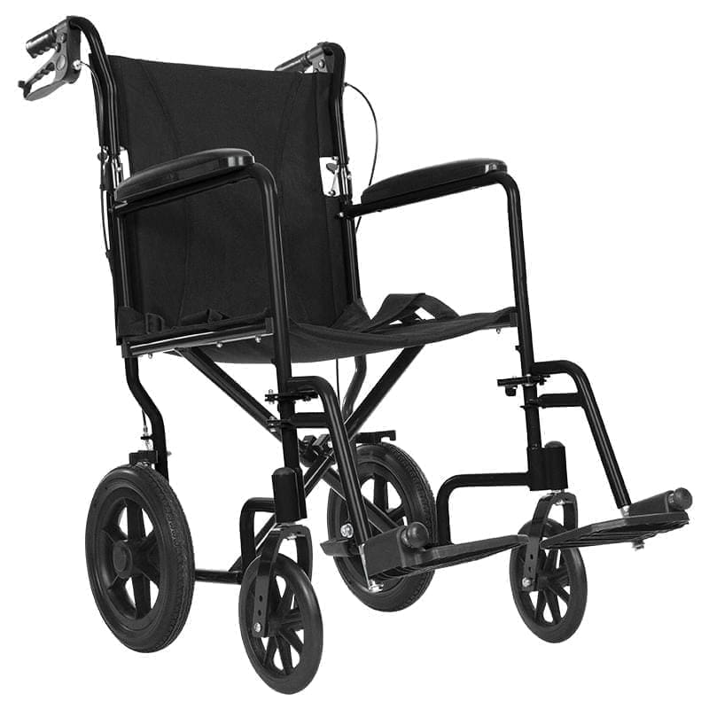 A black wheelchair with wheels and handles.