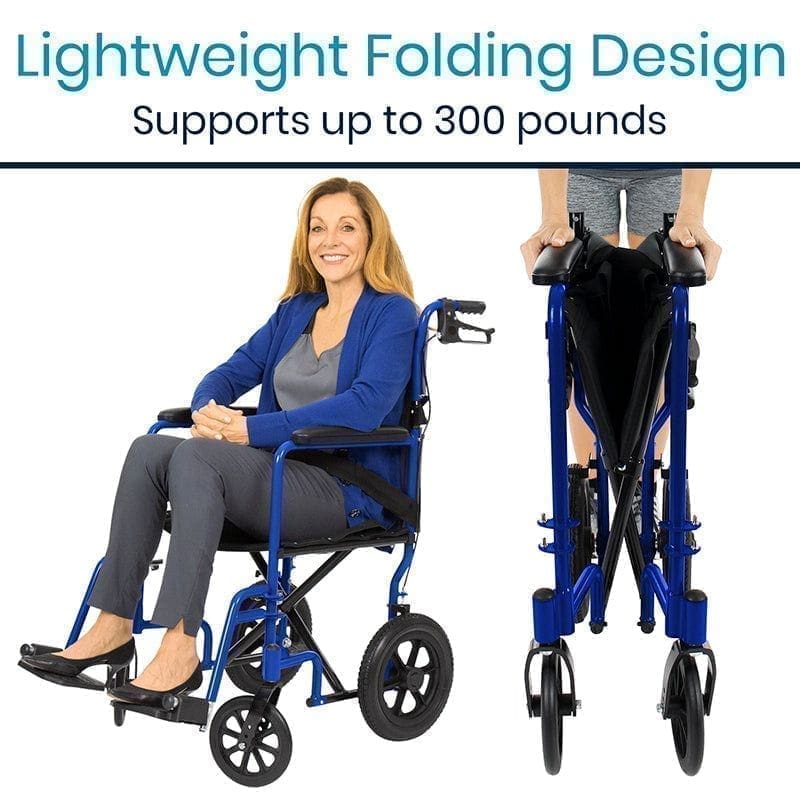 A woman in blue jacket and black pants holding onto a blue wheelchair.