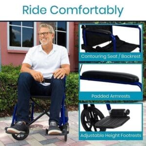 A man sitting in a chair with the text " ride comfortably ".