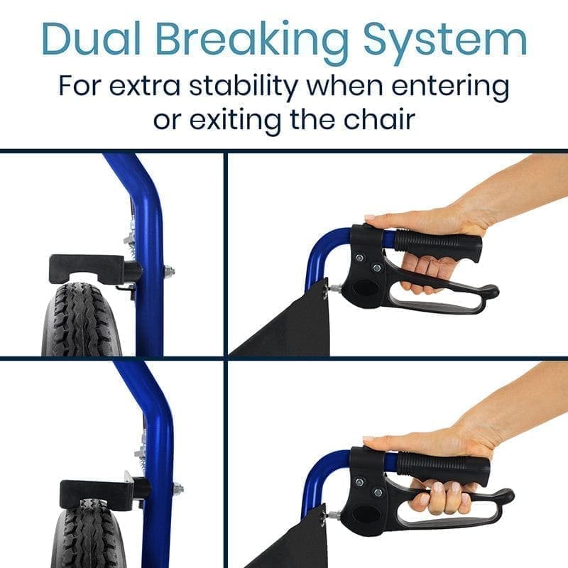 A blue handle is attached to the back of a wheelchair.