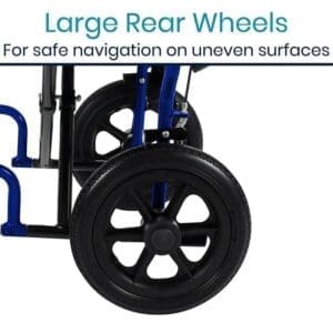A close up of the rear wheels on a wheelchair