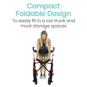 A woman standing next to a walker with text that reads compact foldable design.