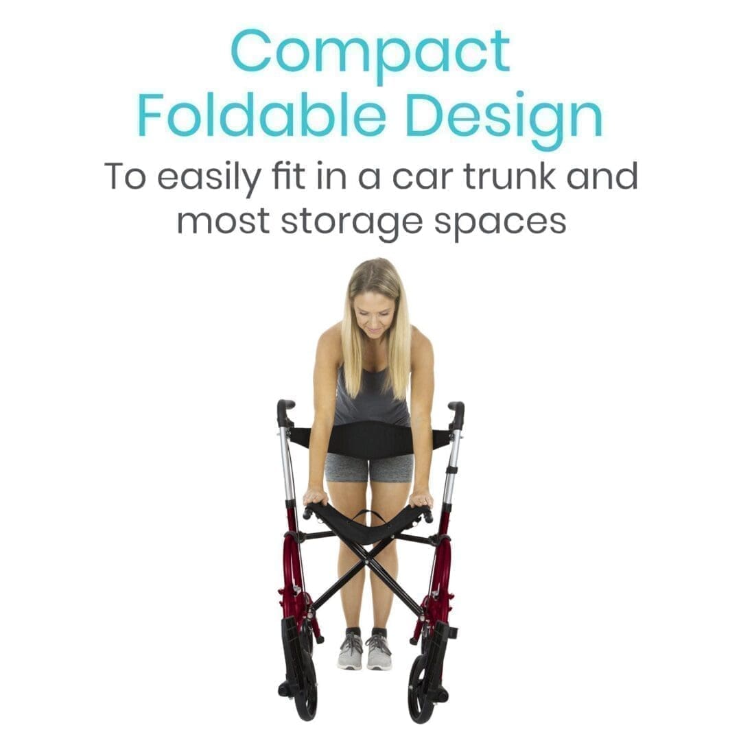 A woman standing next to a walker with text that reads compact foldable design.