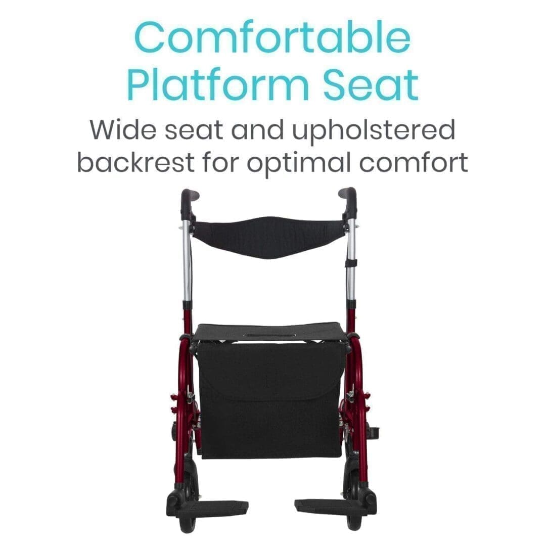A red walker with the words comfortable platform seat.