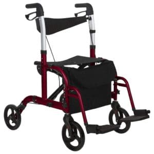 A red walker and seat with wheels.