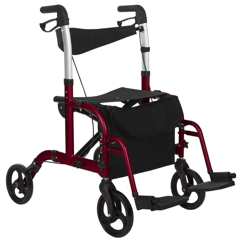 A red walker and seat with wheels.
