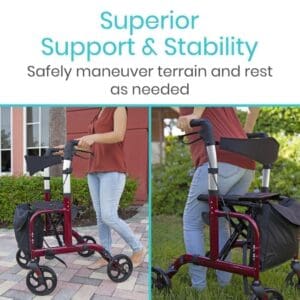 A collage of photos with text that reads " superior support & stability. Safely maneuver terrain and rest as needed ".