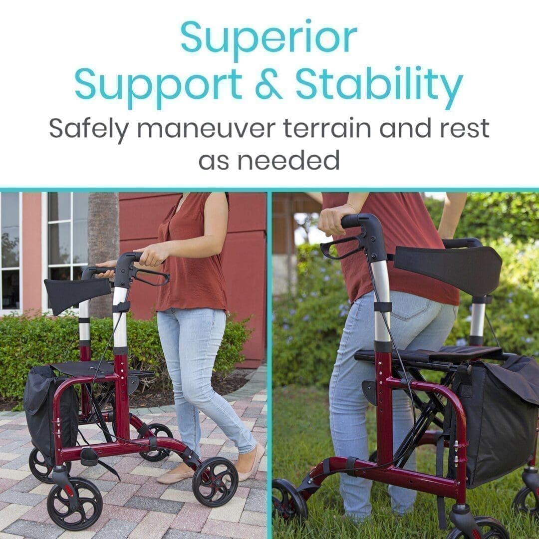 A collage of photos with text that reads " superior support & stability. Safely maneuver terrain and rest as needed ".