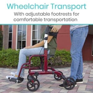 A person using a wheelchair with a red walker.