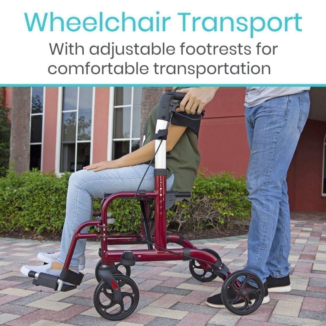 A person using a wheelchair with a red walker.
