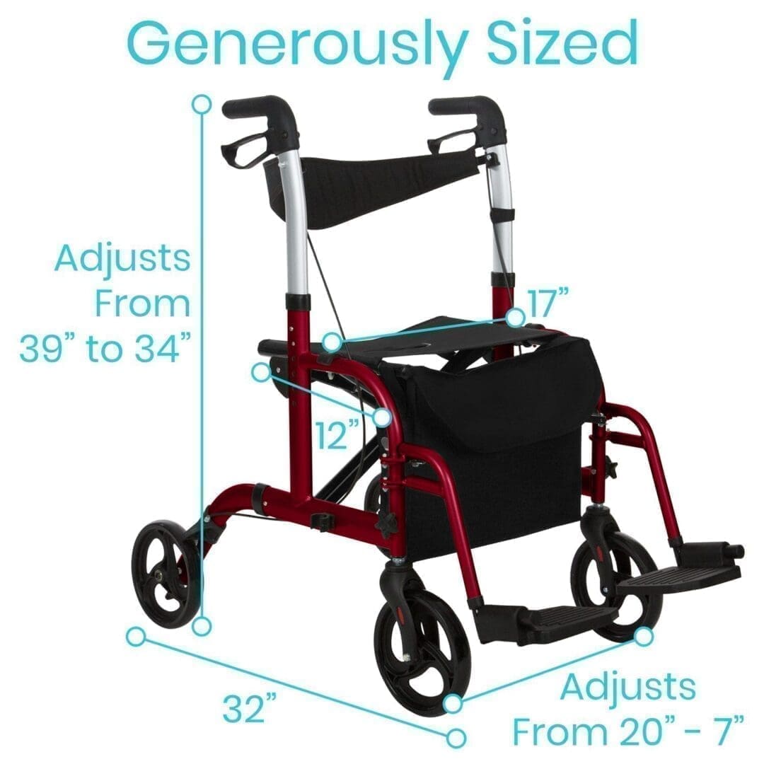 A red walker with wheels and seat for the elderly.