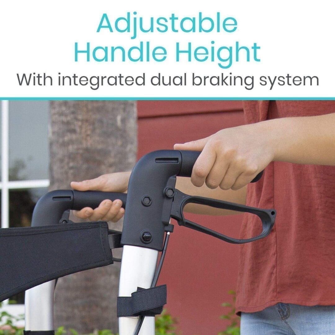 A person holding onto the handle of a scooter