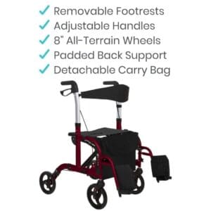 A red walker with features and descriptions of the item.