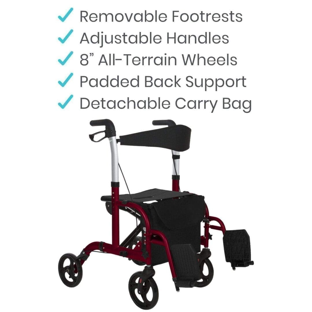 A red walker with features and descriptions of the item.