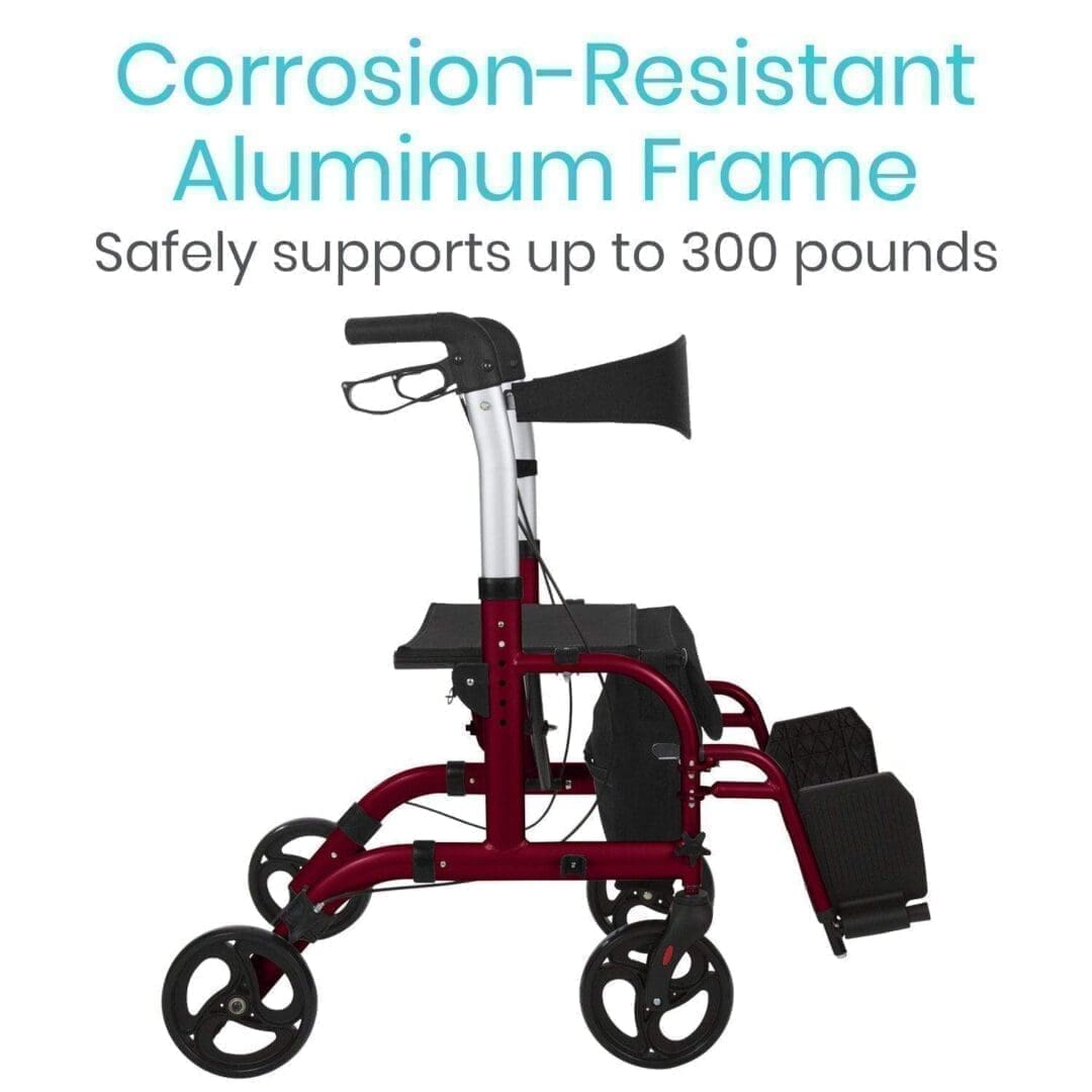 A red walker with wheels and a bag on the back.