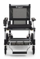 A wheelchair with wheels and seat cushion.