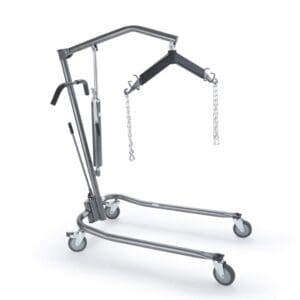 Mobile patient lift hoist with wheels and adjustable arm.