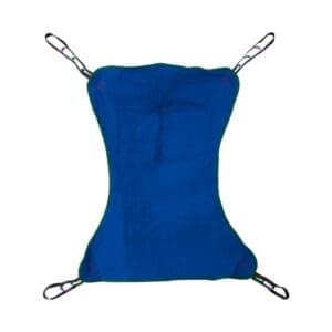 Blue fabric hammock with four metal clips at each corner.