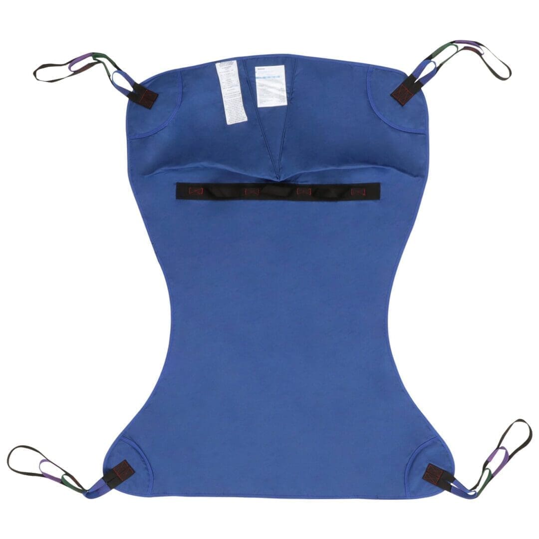 Blue fabric bag with drawstrings and a label attached.