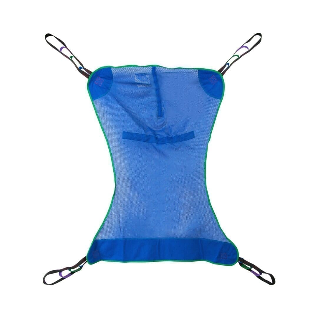 Blue mesh hammock with four metal clips at each corner.