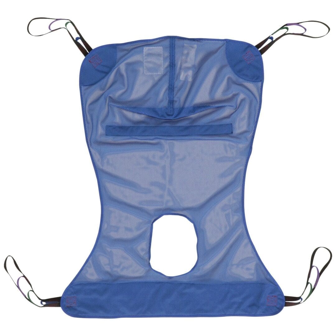 Blue mesh hammock with clips and a central opening.