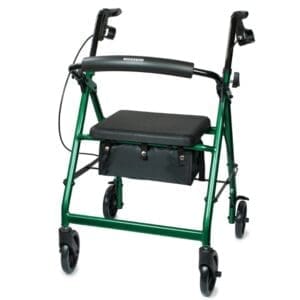 Green four-wheeled walker with a black seat and storage pouch.
