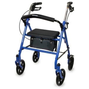 Blue four-wheeled walker with a seat and storage pouch.