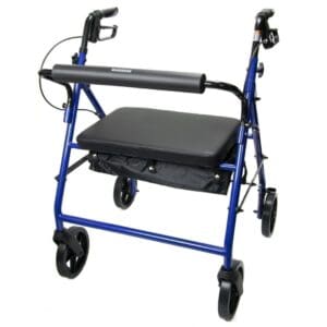 Blue mobility walker with a padded seat and storage pouch.